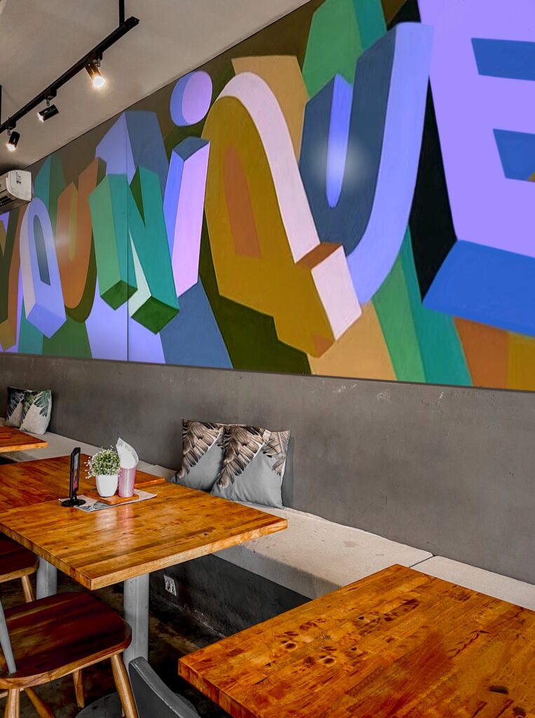 Muurschildering binnen (abstract typografische binnenkunst) Horeca Kunst.