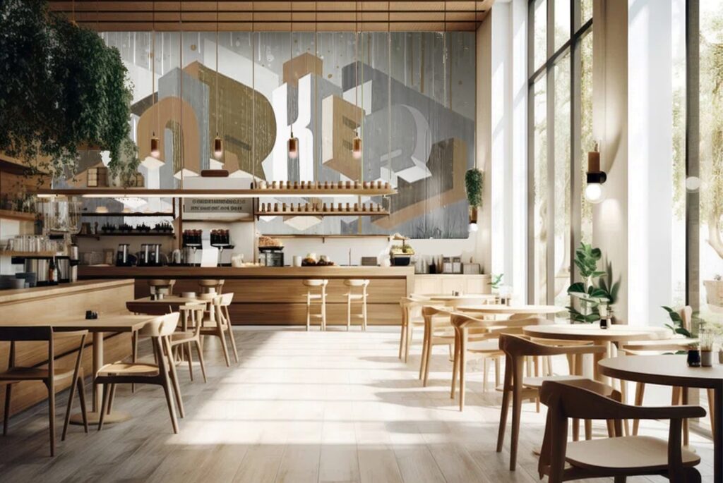 Muurschildering binnen (abstract typografische binnenkunst) Koffiebar Lunchroom Restaurant Art kunst Muurschildering Mural.