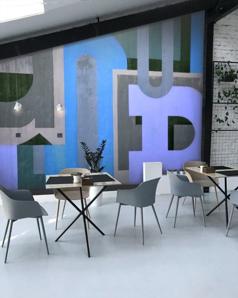 Muurschildering binnen (abstract typografische binnenkunst) Kantoor Kantine kunst.
