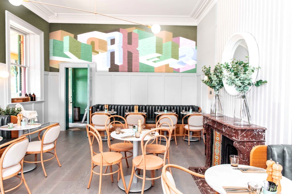Muurschildering binnen (abstract typografische binnenkunst) Lunchroom Restaurant Muurkunst Wall Art.